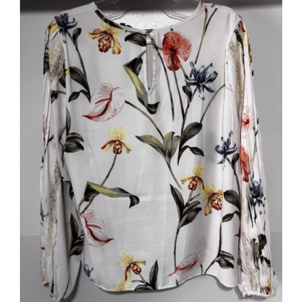 White House Black Market Women’s L Floral Blouse Lace Sleeve Pleated Chiffon Top - Picture 4 of 7